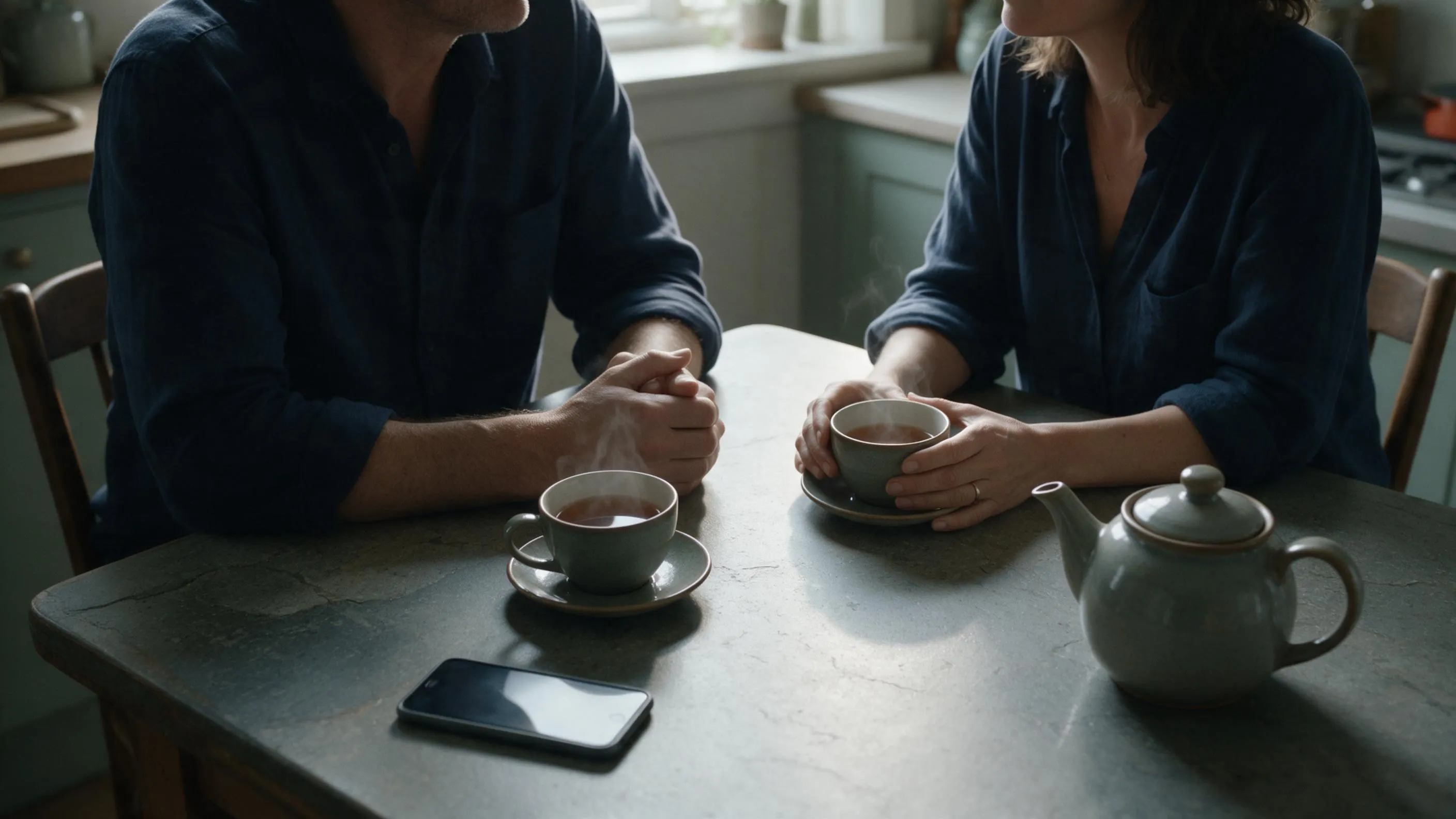 Two adults speaking quietly at a kitchen table beside a face-down phone